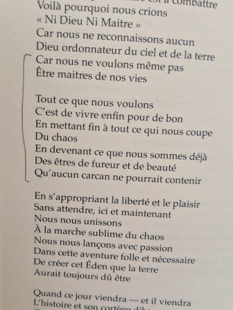 Car nous ne voulons même pas
Être maîtres de nos vies

Tout ce que nous voulons
C’est de vivre enfin pour de bon
En mettant fin à tout ce qui nous coupe
Du chaos
En devenant ce que nous sommes déjà
Des êtres de fureur et de beauté
Qu’aucun carcan ne pourrait contenir