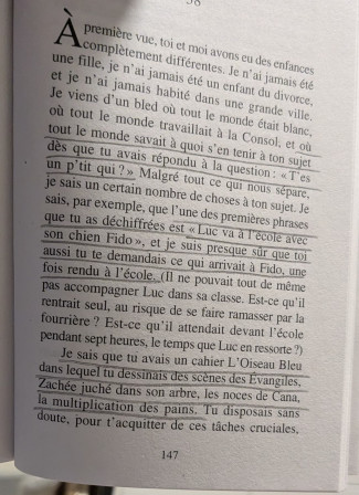 [...] tout le monde savait à quoi s’en tenir à ton sujet dès que tu avais répondu à la question: «T’es un p’tit qui?» [...]
[...] l’une des premières phrases que tu as déchiffrées est «Luc va à l’école avec son chien Fido», et je suis presque sûr que toi aussi tu te demandais ce qui arrivait à Fido, une fois rendu à l’école. [...]
[...] Je sais que tu avais un cahier L’Oiseau Bleu dans lequel tu dessinais des scènes des Évangiles. Zachée juché dans son arbre, les noces de Cana, la multiplication des pains. [...]